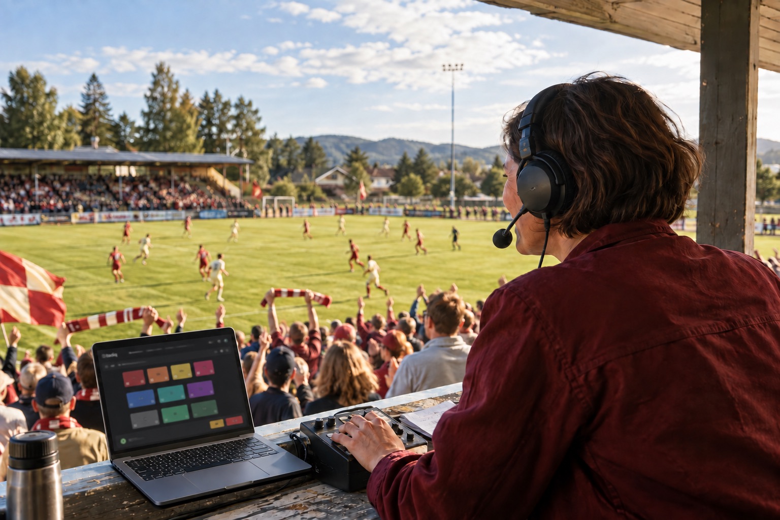 En speaker sett bakfra med headset og et Stadiq-lignende brett med lydknapper på en laptop, foran en fotballbane og et engasjert publikum.